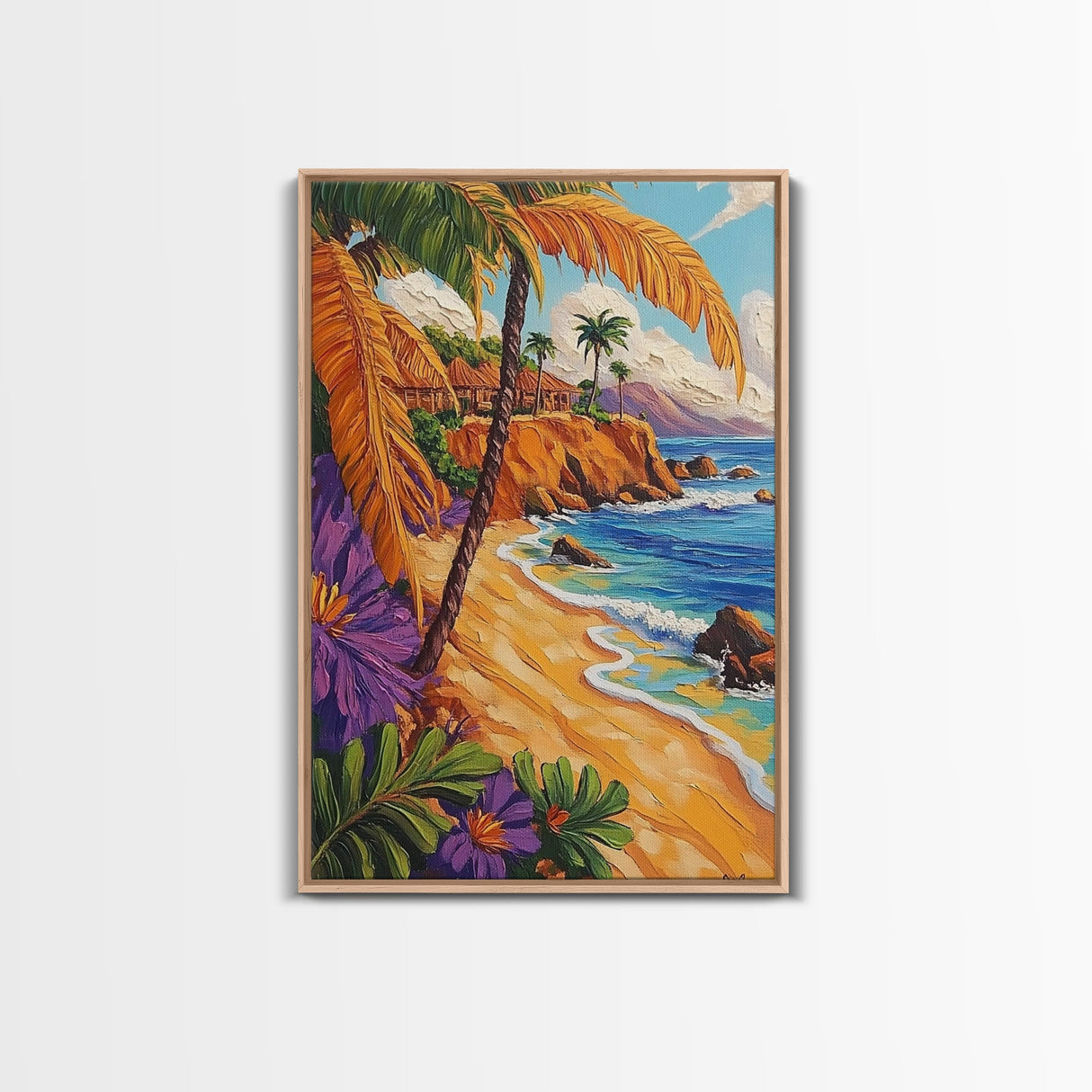 Tropical Beach, Huts, Framed Canvas Print, Island paradise artwork, palm tree coastal decor, bathroom or entryway art, boho summer scene