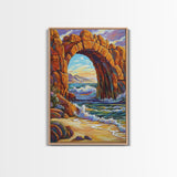 Ocean Arch, Wave Drama, Cliff Coast, Sunset Light, Framed Canvas Print, Living Room Wall Art, Coastal Landscape, Nature Inspired Art