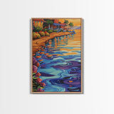 Waterfront Glow, Sunset Village, Palm Colors, Tranquil Scene, Framed Canvas Print, Dining Room Wall Art, Coastal Home Decor, Tropical Vibes
