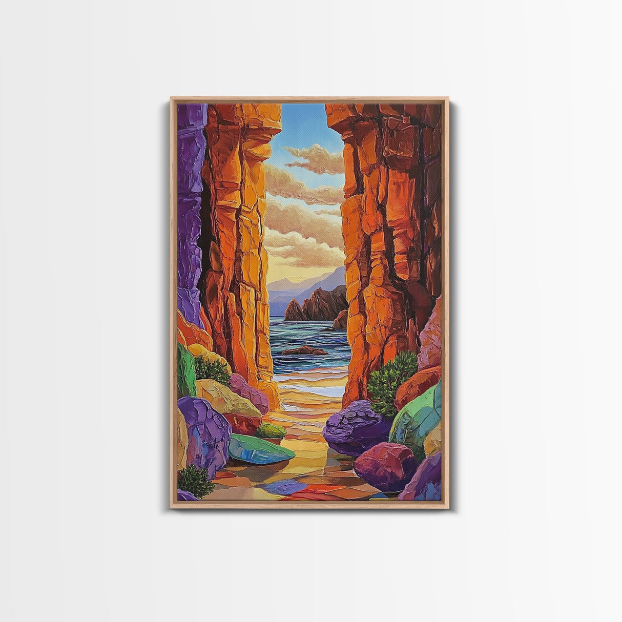 Hidden Cove, Rocky Entry, Ocean View, Sunset Moment, Framed Canvas Print, Bedroom Wall Art, Seaside Fantasy, Desert Coastal Decor