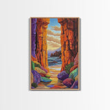 Hidden Cove, Rocky Entry, Ocean View, Sunset Moment, Framed Canvas Print, Bedroom Wall Art, Seaside Fantasy, Desert Coastal Decor