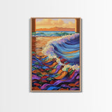 Wave Splash, Colorful Fish, Ocean Dance, Sunset Surf, Framed Canvas Print, Coastal Wall Art, Playroom Decor, Underwater Fantasy Art