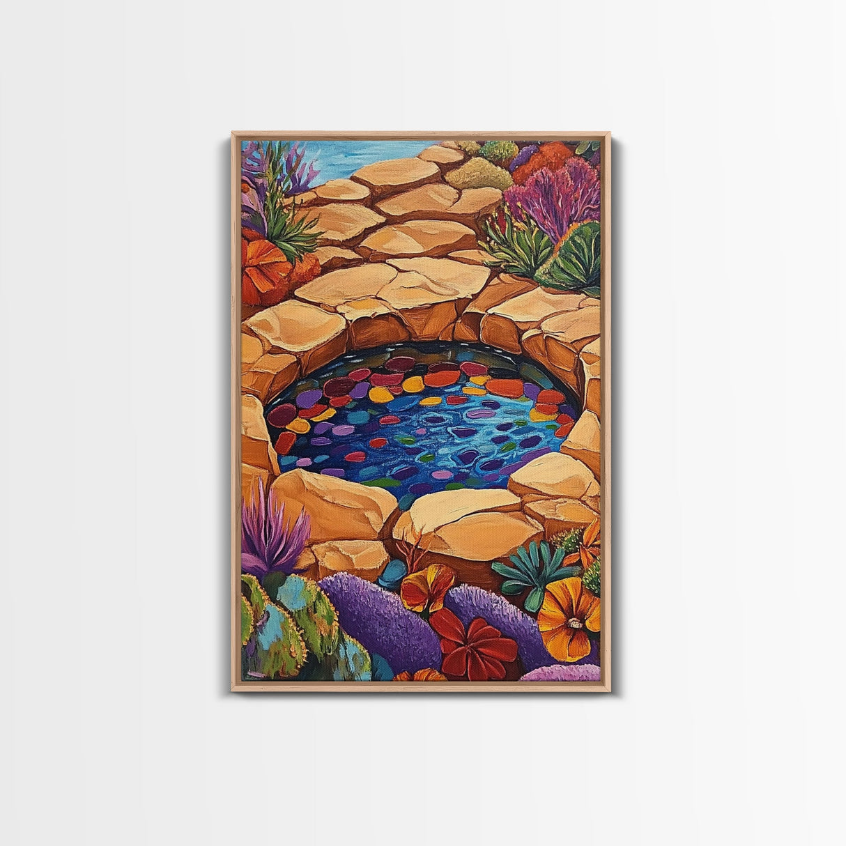 Stone Pool Oasis, Desert Garden Art, Colorful Rock Pond Scene, Framed Canvas Print, Bathroom Wall Decor, Bohemian Nature Art