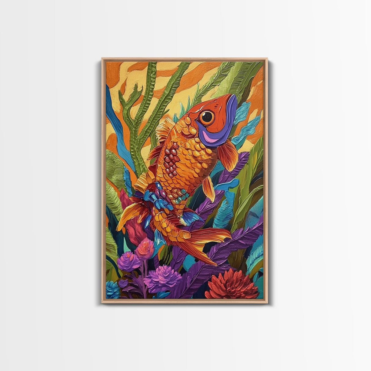 Bold Colorful Fish Art, Framed Canvas Print, Underwater wall decor, boho ocean art, tropical fish painting, bathroom wall art