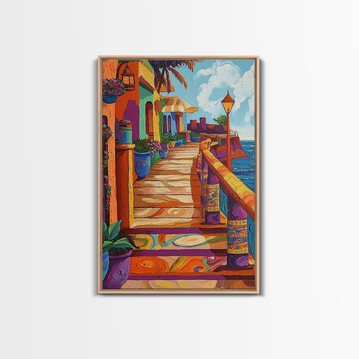 Coastal Colorful Pathway Painting, Framed Canvas Print, Boho coastal wall art, beach town painting, hallway decor, summer vibe