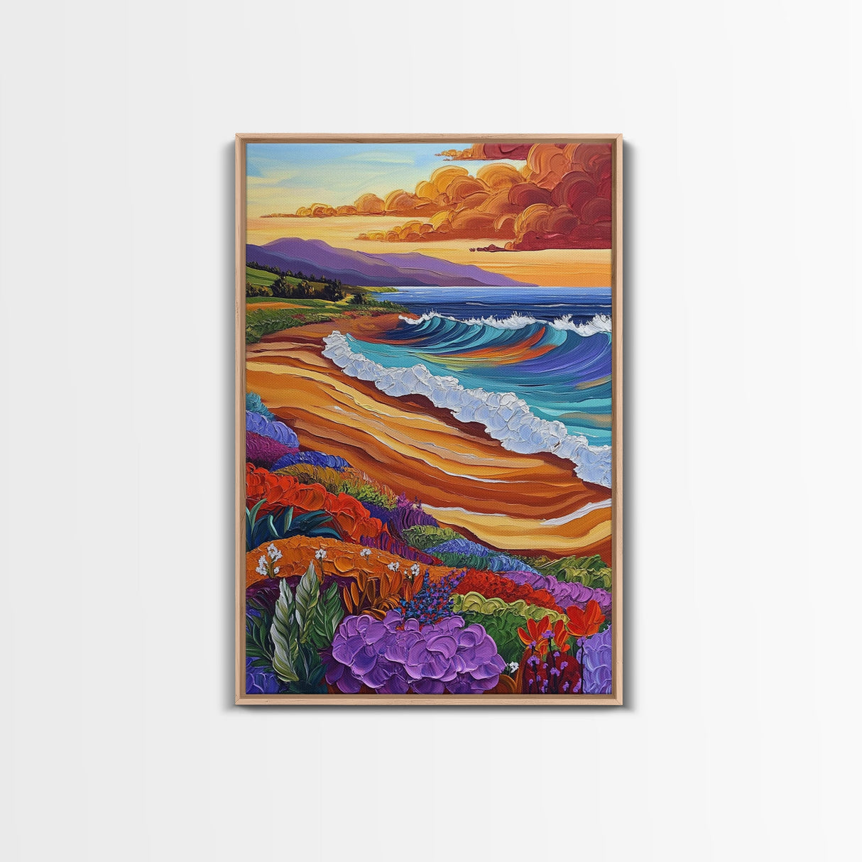 Ocean Sunset, Colorful Beach, Coastal Vibes, Tropical Flowers, Fall Wall Art, Dining Room Decor, Canvas Print, Vibrant Landscape Art