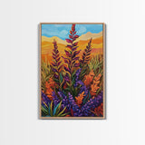 Wildflower Field, Autumn Leaves, Mountain Sunset, Earth Tones, Fall Botanical Art, Living Room Wall Art, Framed Canvas Print