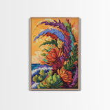 Abstract Florals, Bold Beach Scene, Coastal Flower Art, Vibrant Wall Accent, Kitchen Wall Art, Boho Style, Canvas Print, Sunset Tones