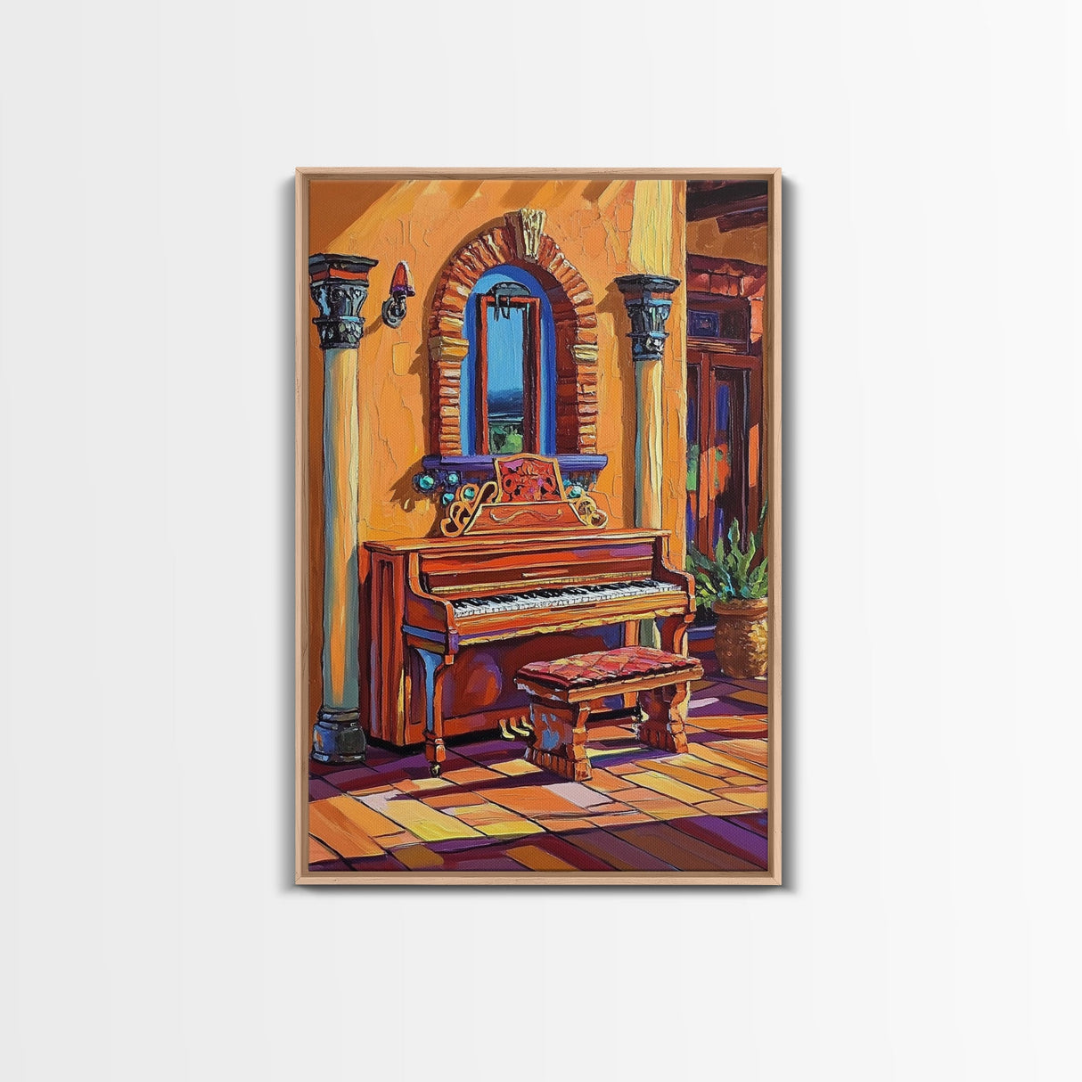 Spanish Piano, Sunlit Interior, Warm Rustic Style, Music Room Wall Art, Traditional Decor, Framed Canvas Print, Mediterranean Home Vibe