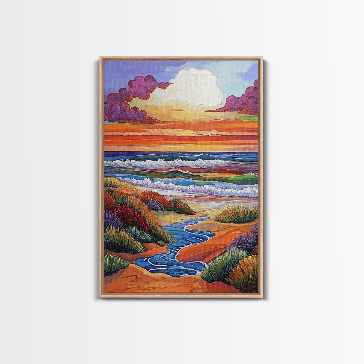 Coastal Sunset, Rolling Waves, Vibrant Beachscape, Boho Ocean Scene, Living Room Wall Art, Seaside Decor, Framed Canvas Print