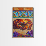 Colorful Crab, Coastal Tile Art, Beachy Wall Accent, Nautical Style, Kitchen Wall Art, Seaside Decor, Canvas Print, Tropical Vibe