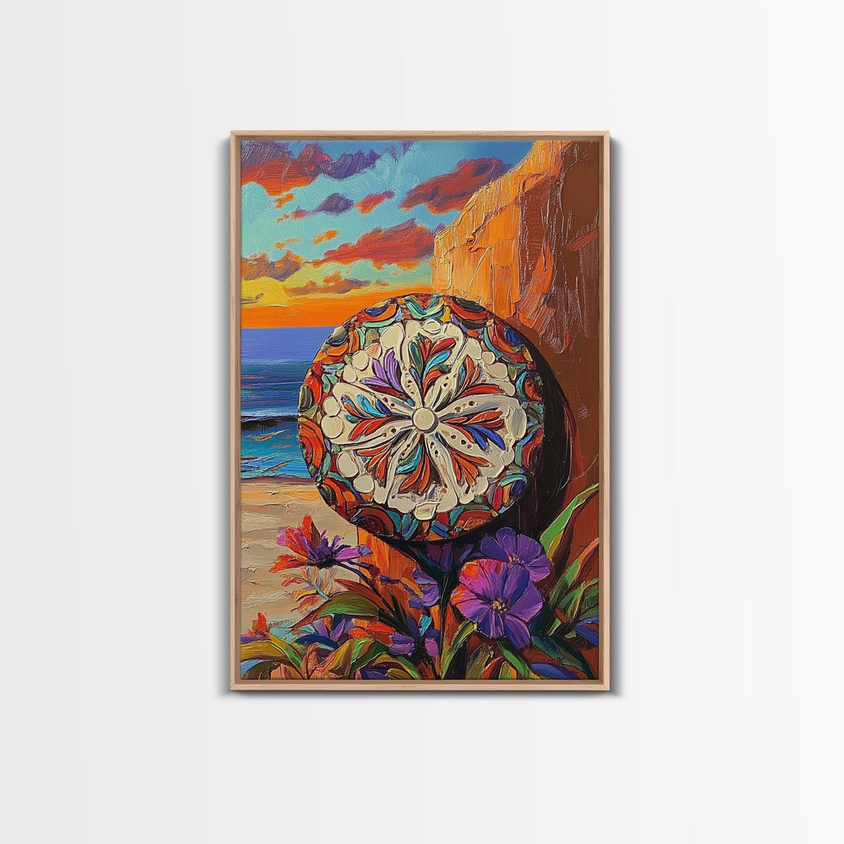 Mandala Sun, Beach Sunset, Boho Symbolism, Coastal Meditation Art, Zen Decor, Living Room Wall Art, Canvas Print, Colorful Texture