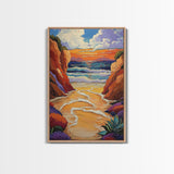 Golden Beach, Sunset Cliffs, Vibrant Ocean Art, Coastal Escape, Fall Color Palette, Canvas Print, Bedroom Wall Art, Tranquil Style