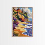 Seaside Villa, Cliffside Beach, Coastal Home Art, Warm Summer Scene, Mediterranean Decor, Canvas Print, Dining Room Wall Accent