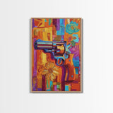 Pop Art Revolver, Bold Gun Art, Urban Wall Decor, Framed Canvas Print, Eclectic Studio Wall Art, Psychedelic Style, Colorful Abstract Art