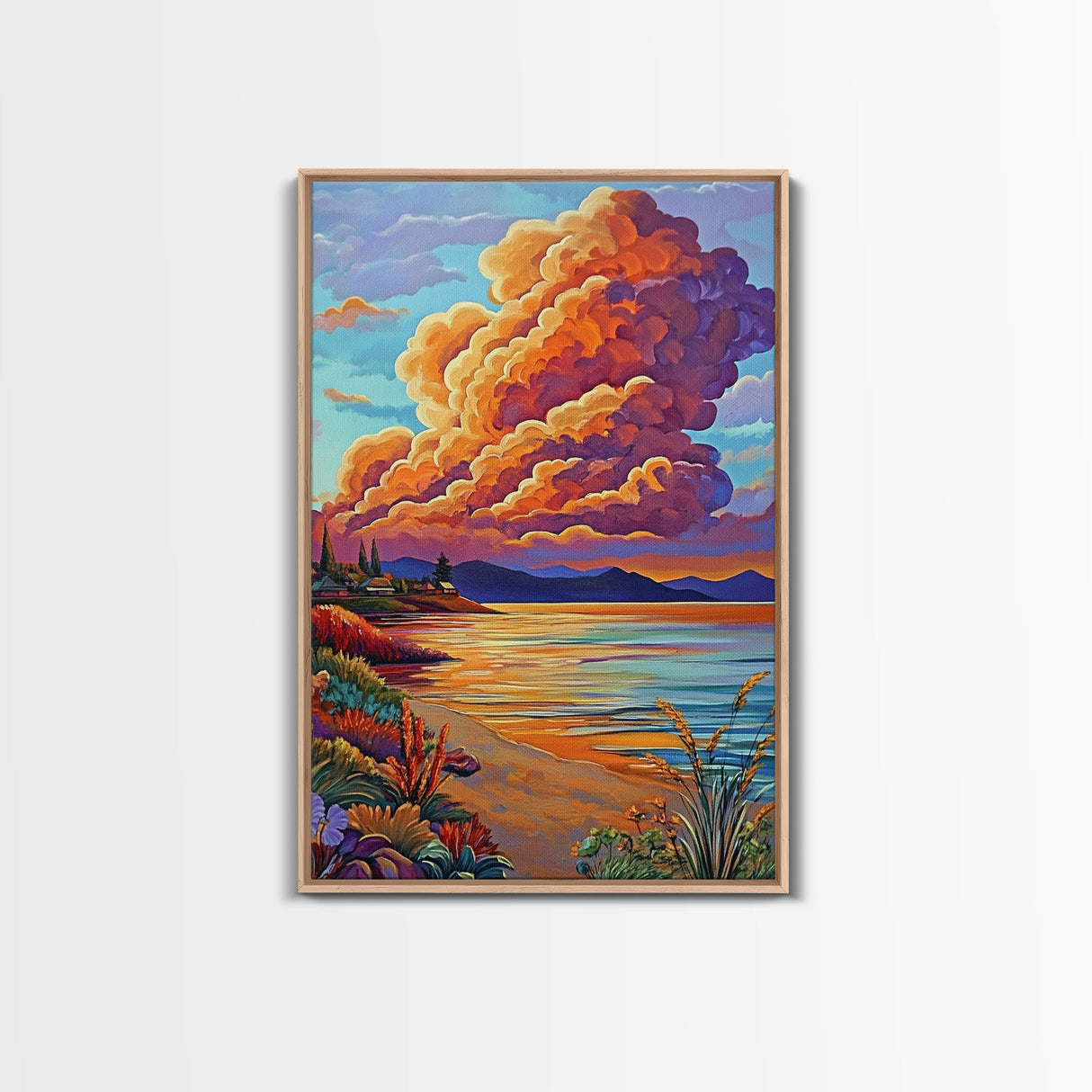 Sunset Bay, Dramatic Clouds, Lakeside View, Village Scene — Canvas Print rustic lake house decor, Fall living room wall art, scenic painting