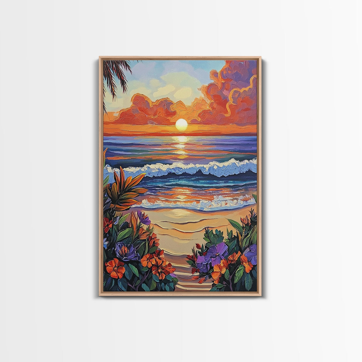 Tropical Beach, Sunset Waves, Lush Florals, Orange Glow — Framed Canvas Print vibrant coastal art, bathroom or bedroom beach decor, boho vibe
