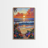 Tropical Beach, Sunset Waves, Lush Florals, Orange Glow — Framed Canvas Print vibrant coastal art, bathroom or bedroom beach decor, boho vibe