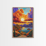 Golden Sky, Mountain Lake, Sunset Clouds, Vibrant Hills — Canvas Print whimsical nature scene, bold landscape wall decor, cozy Autumn vibe