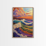 Colorful Ocean Waves, Sunset Surf Art, Rainbow Water Scene, Framed Canvas Print, Coastal Wall Decor, Vibrant Bathroom Art