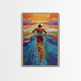 Man Swimming Sunset, Ocean Freedom Art, Tropical Wall Decor, Canvas Print, Bright Water Colors, Bold Bathroom Wall Art