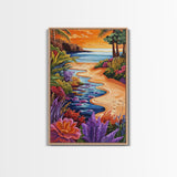 Tropical Beach Path, Sunset Garden Vibes, Colorful Coastal Landscape, Canvas Print, Boho Summer Decor, Bathroom Wall Art