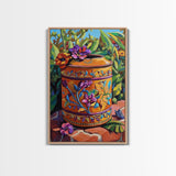 Floral Pot Still Life, Garden Patio Art, Colorful Ceramic Design, Framed Canvas Print, Kitchen Wall Art, Bohemian Home Style