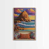 Sunset Beach, Cliffs, Waves, Framed Canvas Print vibrant coastal wall art, beach house decor, ocean cliffs, boho style, living room wall art
