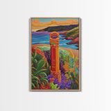 Coastal Landmark Art, Beach Garden View, Framed Canvas Print, Vibrant Landscape Wall Art, Sunroom Decor, Bright Coastal Scene