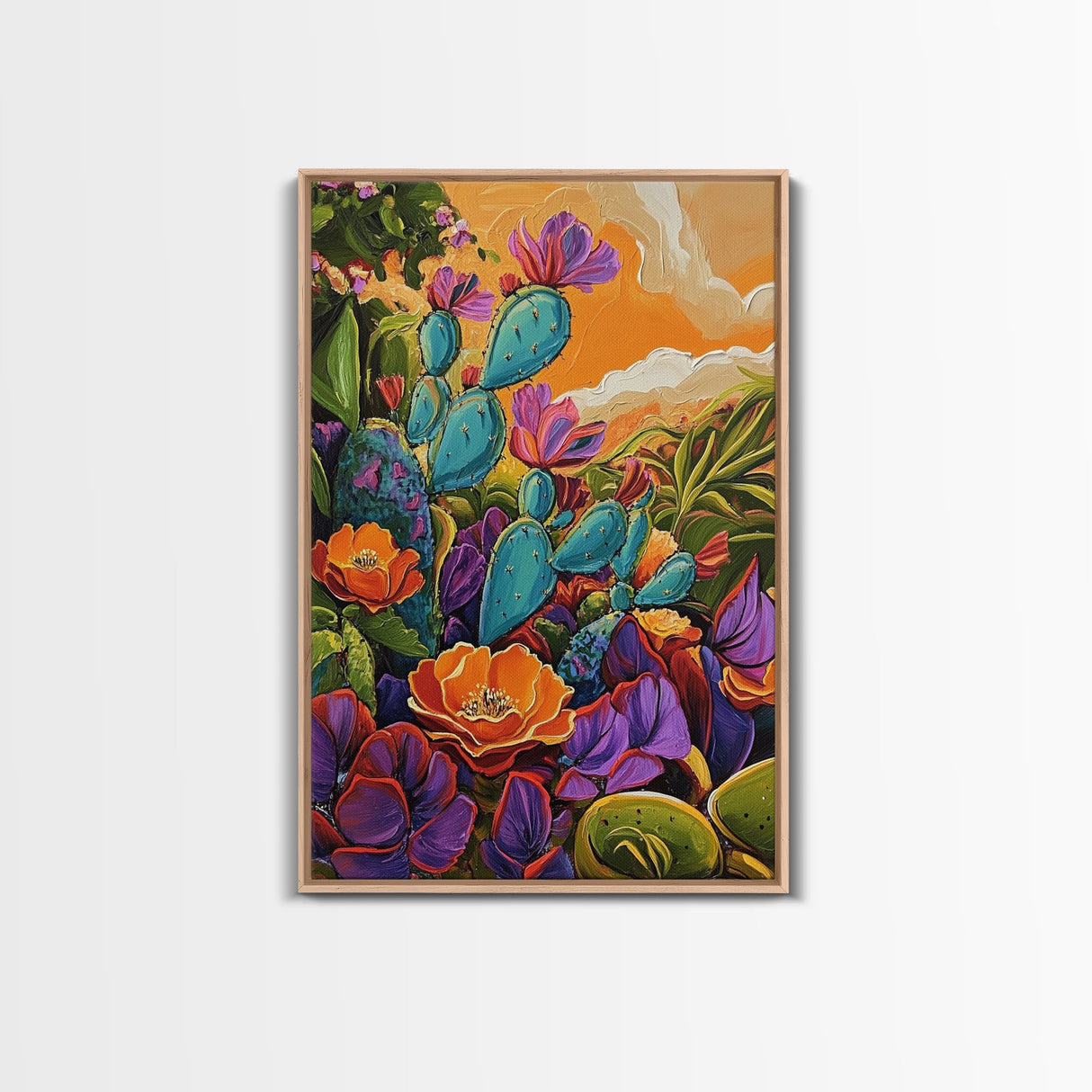 Prickly Wildflowers, Cactus, Garden, Framed Canvas Print floral cactus art, vibrant botanical painting, nature decor, desert boho living room