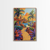Coastal Village Path, Sunset Vibes, Tropical Getaway, Bright Colors, Framed Canvas Print, Coastal Wall Art, Living Room Decor, Boho Art
