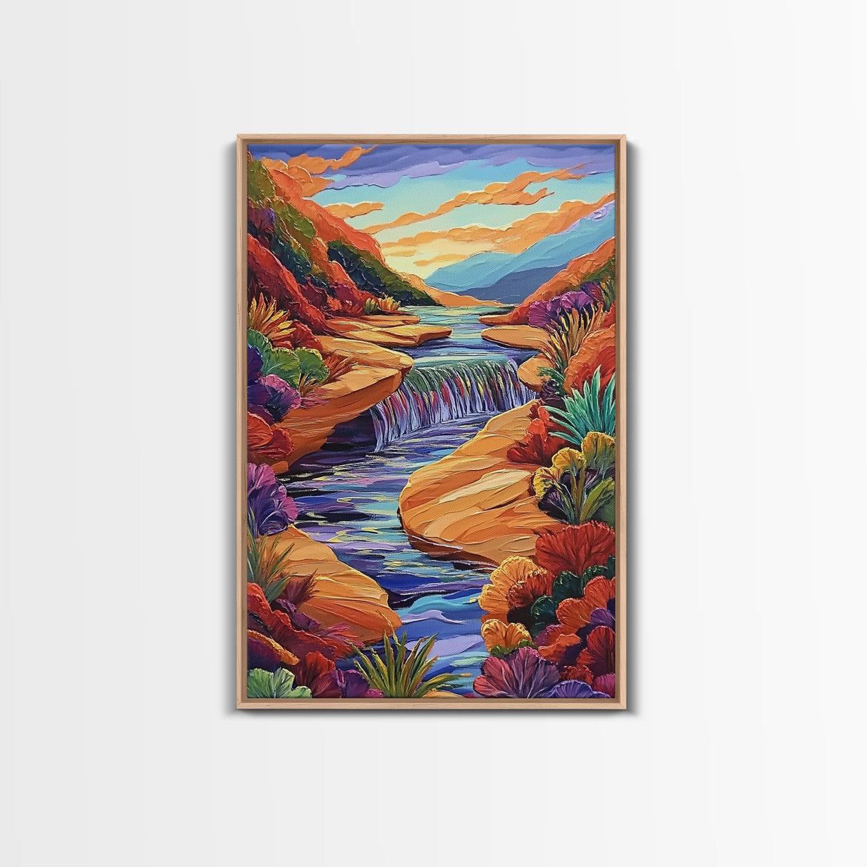 Canyon River Stream, Vibrant Landscape, Sunset Colors, Nature Scene, Framed Canvas Print, Bedroom Wall Art, Fall Home Decor, Boho Art