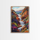 Cascading Falls, Ocean Cliffs, Tropical Flowers, Bold Nature, Framed Canvas Print, Living Room Wall Art, Maximalist Decor, Beach Art