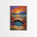 Sunset Lake Reflection, Fiery Sky, Tranquil Water, Mountain Glow, Framed Canvas Print, Bedroom Wall Art, Autumn Decor, Serene Art