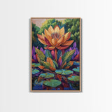 Large Lotus Flower, Tranquil Nature Art, Peaceful Botanical Scene, Framed Canvas Print, Boho Bathroom Wall Art, Zen Decor