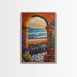 Stone Archway Ocean, Dreamy Seaside Scene, Romantic Sunset Art, Framed Canvas Print, Coastal Entryway Wall Art, Vacation Vibes
