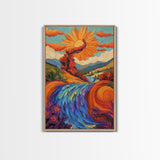 Sunflower River Scene, Whimsical Nature Landscape, Joyful Energy Art, Framed Canvas Print, Bright Nursery Wall Art, Autumn Boho Style