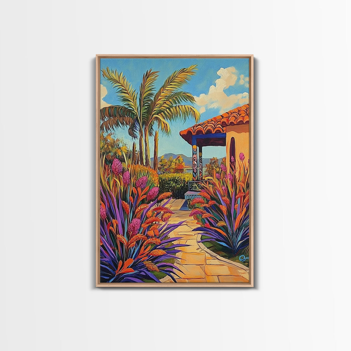 Tropical Path, Palm Trees, Garden Walkway, Vibrant Flora, Framed Canvas Print patio decor, vacation home wall art, coastal impressionist