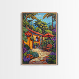 Tropical Courtyard, Retreat, Pathway, Framed Canvas Print, vibrant tropical patio scene, colorful garden art, Spanish boho home decor