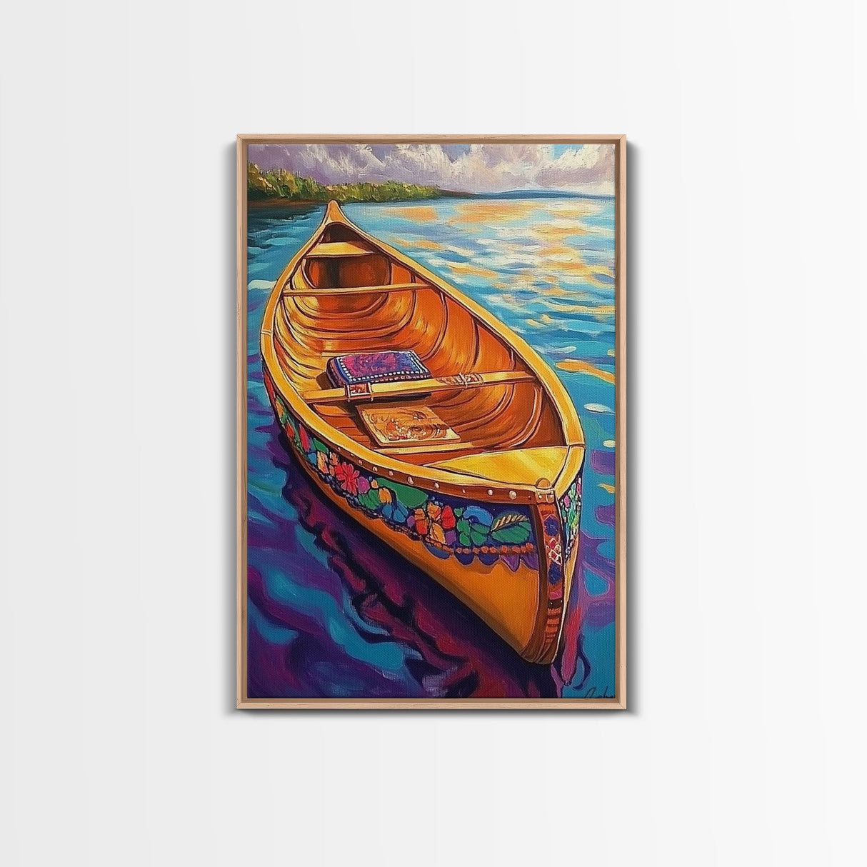 Canoe Tranquil, Reflection, Water, Canvas Print, vibrant lake, boat painting, colorful water art, lakehouse decor, boho bedroom wall art