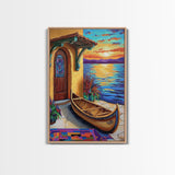 Lakeside Sunset, Canoe, Serenity, Framed Canvas Print, rustic lakefront, sunset art, cozy cabin vibe, boho lakehouse wall art, den art
