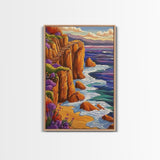 Ocean Cliffside, Path, Sunset, Canvas Print scenic ocean stairs artwork, coastal nature landscape print, Bedroom Wall Art, boho art
