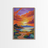 Sunset, Desert, Lake, Landscape, Framed Canvas Print, Vibrant sunset over desert lake with bold skies, perfect Southwest living room wall art