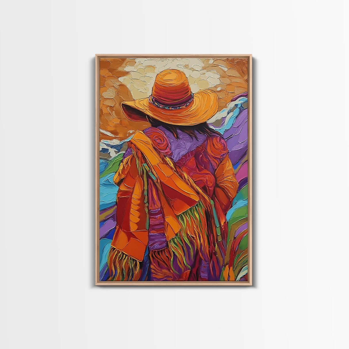 Woman, Hat, Mountains, Blanket, Canvas Print, Southwest-inspired woman with hat and blanket, rustic fall-themed living room wall decor