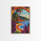 Tropical Palm, Beach, Archway, Canvas Print, Vibrant tropical beach with palm trees through archway, boho bedroom island-inspired wall decor