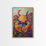 Crab Ocean, Bold, Seafood, Framed Canvas Print, Colorful crab painting with vivid detail, fun nautical art, beach kitchen decor