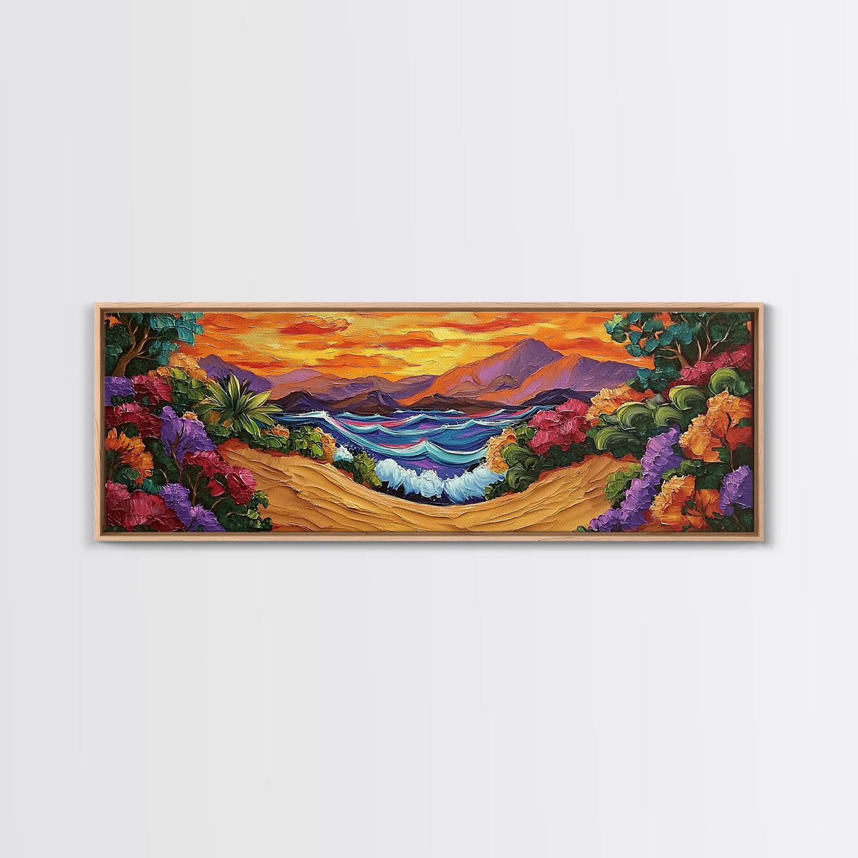 Tropical Sunset Cove, Vibrant Ocean Painting, Beach House Decor, Bold Nature Scene, Boho Living Room Canvas Print, Nature Painting