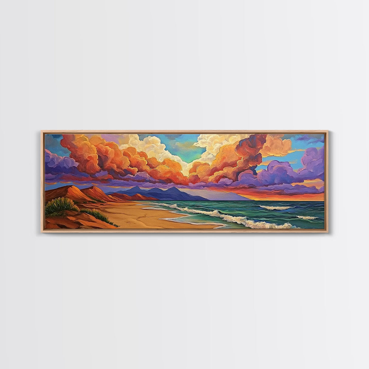 Peaceful Coastal Beach, Colorful Sunset Clouds, Tranquil Ocean Scene, Relaxing Bedroom Wall Art Framed Canvas Print, Bedroom Wall Decor
