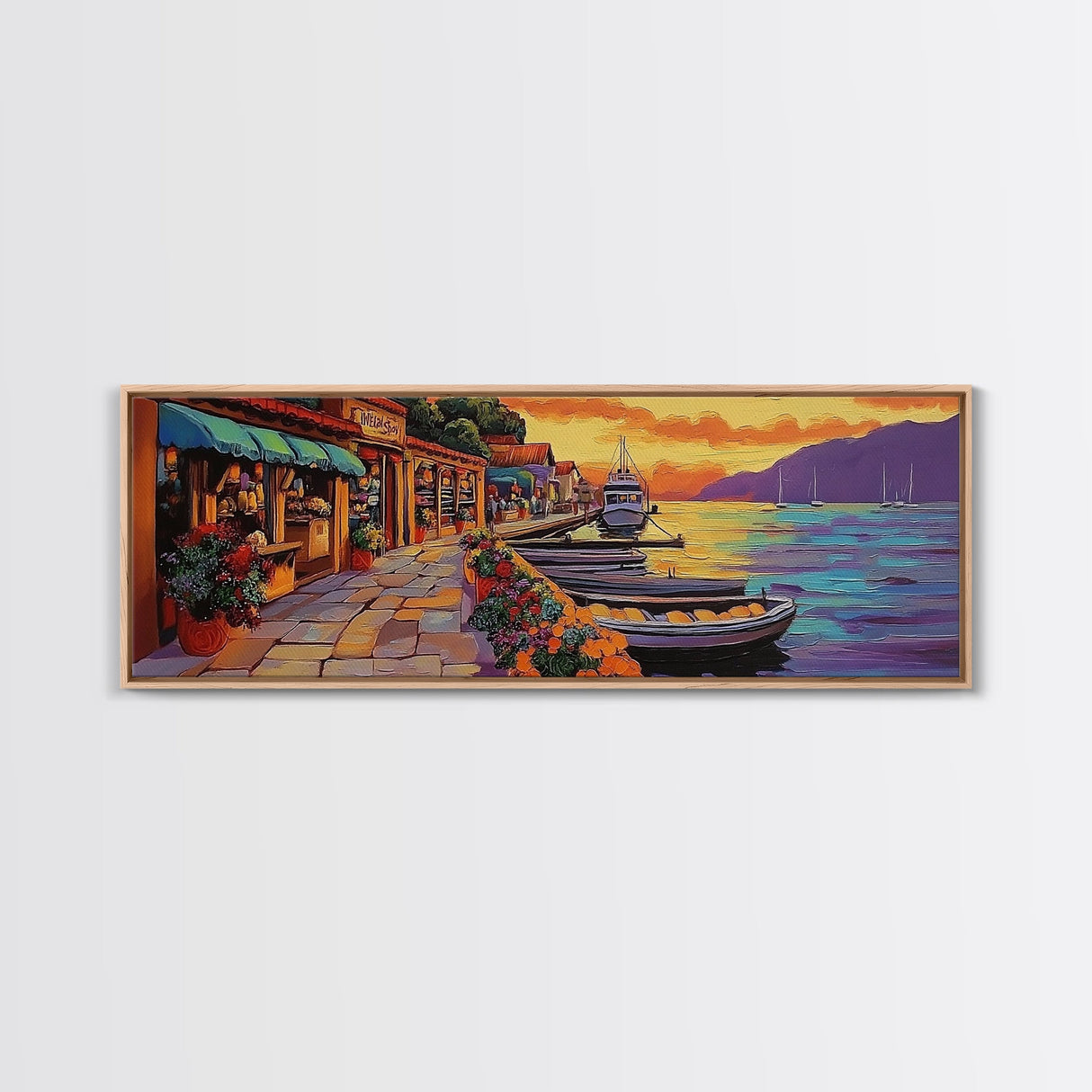 Harbor Village Sunset, Vibrant Coastal Town Painting, Mediterranean Art, Kitchen or Hallway Decor Framed Canvas Print, Beach House Wall Art