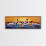 Ducks On Waves, Colorful Animal Art, Whimsical Sunset, Floral Ocean Scene, Canvas Print, Fun Kitchen Art, Kids Room Wall Art